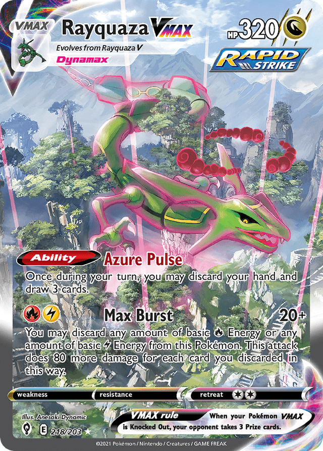 Rayquaza VMAX #218 from Evolving Skies — recent eBay sold price: $1,200.00